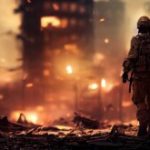 Lone soldier walking in destroyed city. By neirfy/stock.adobe.com