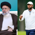 LEFT: In this photo released by the Iranian Presidency Office, President Ebrahim Raisi attends a meeting with his Azeri counterpart Ilham Aliyev, Sunday, May 19, 2024. (Iranian Presidency Office via AP) RIGHT: Scottie Scheffler celebrates after a birdie on the 10th hole during the second round of the PGA Championship golf tournament at the Valhalla Golf Club, Friday, May 17, 2024. (AP Photo/Jeff Roberson)