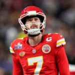 Kansas City Chiefs kicker Harrison Butker (7) looks up at the scoreboard against the San Francisco 49ers during the first half of the NFL Super Bowl 58 football game Sunday, Feb. 11, 2024, in Las Vegas. (AP Photo/Steve Luciano)